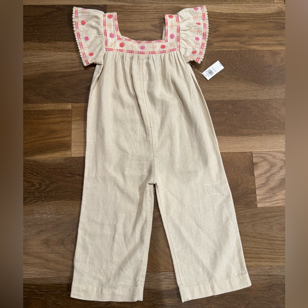 Kids Cream Jumpsuit with Pink Embroidery